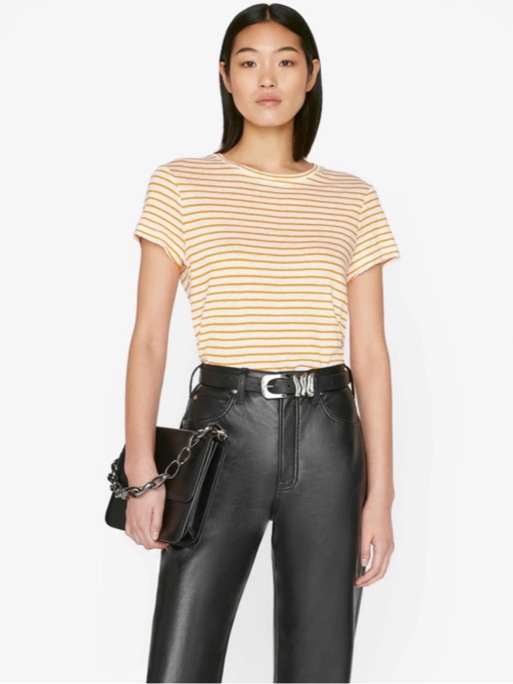 FRAME Easy True Stripe Organic Linen T-Shirt in Nectarine Multi S